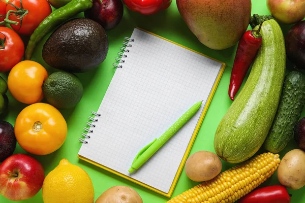 Blank Notebook Pen Fruits Vegetables Green Background Vegan Day Closeup — Stock Photo, Image