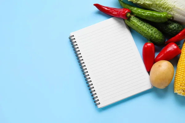 Blank Notebook Fresh Vegetables Color Background Vegan Day Closeup — Stock Photo, Image