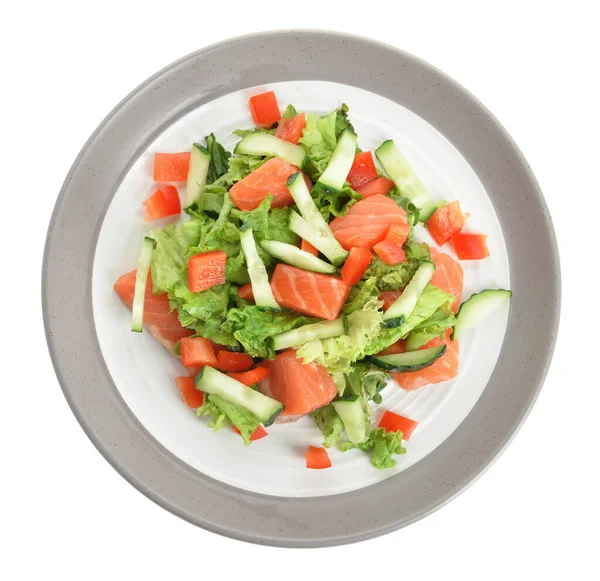 Heerlijke Salade Met Zalm Groenten Bord Witte Achtergrond — Stockfoto