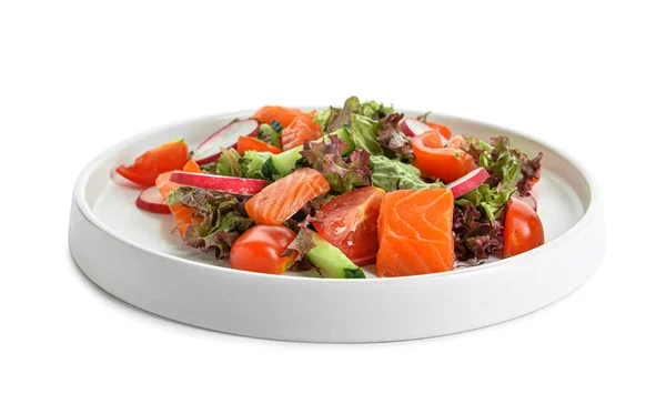 Plate Tasty Salad Salmon White Background — Stock Photo, Image