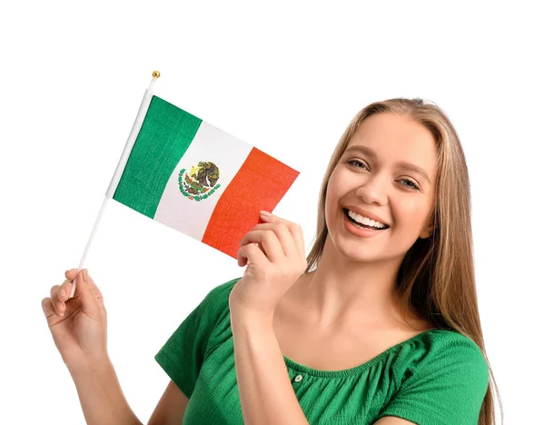 Jovem Feliz Com Bandeira México Fundo Branco — Fotografia de Stock