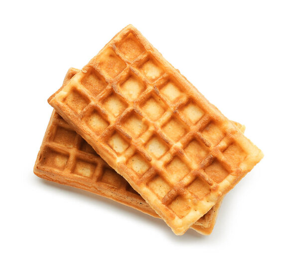 Tasty homemade Belgian waffles on white background