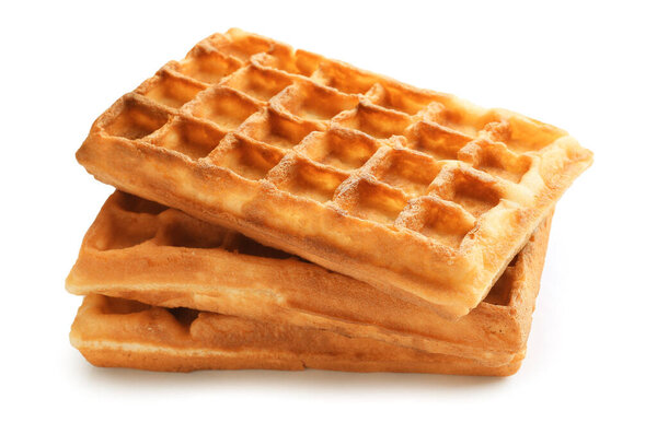 Stack of tasty Belgian waffles on white background