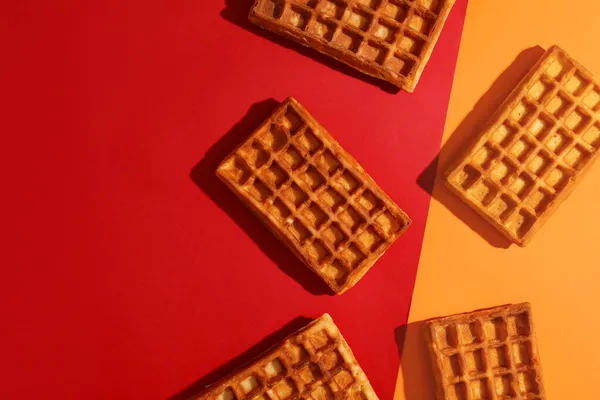 Yummy Golden Belgian Waffles Color Background — Stock Photo, Image