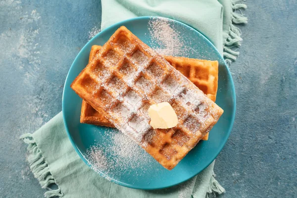 Delicious Belgian Waffles Butter Plate Color Background — Stock Photo, Image