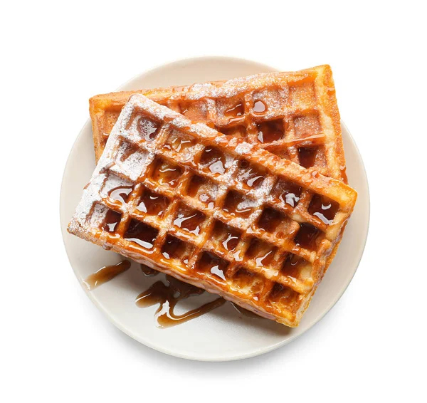 Plate Tasty Belgian Waffles Jam White Background — Stock Photo, Image