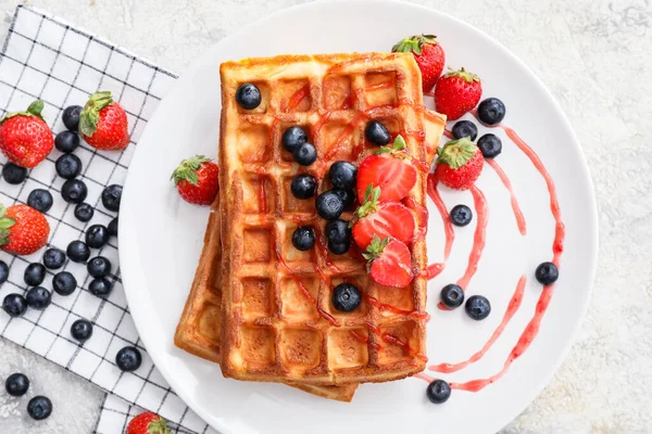 Plate Tasty Belgian Waffles Berries White Background — Stock Photo, Image