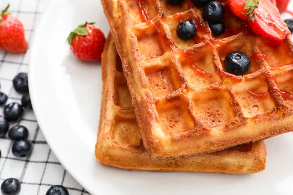 Plate Tasty Belgian Waffles Berries Table Closeup — Stock Photo, Image