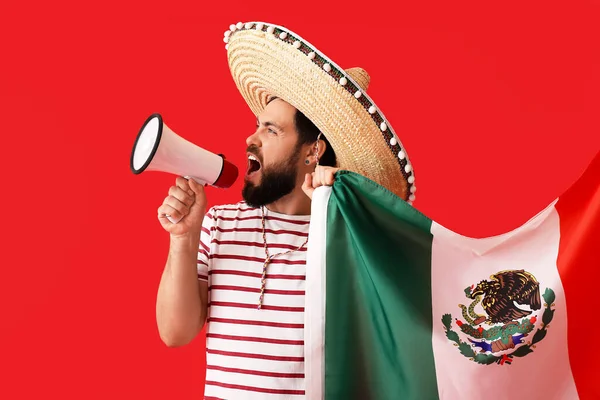 Homem Bonito Sombrero Com Bandeira Mexicana Megafone Sobre Fundo Cor — Fotografia de Stock