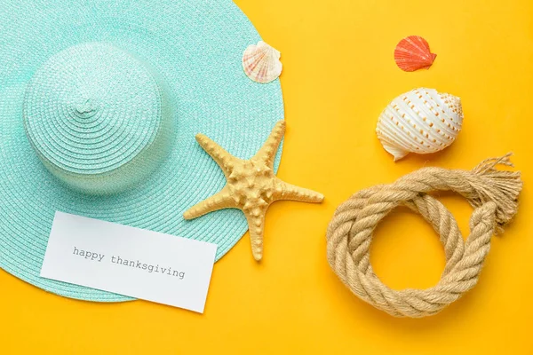 Beach Hat Starfish Seashells Rope Paper Card Text Happy Thanksgiving — Stock Photo, Image