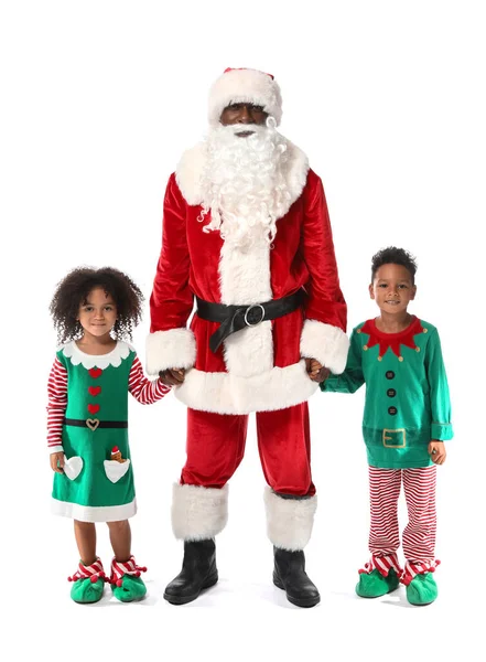 Little African American Children Dressed Elves Santa Claus White Background — Stock Photo, Image