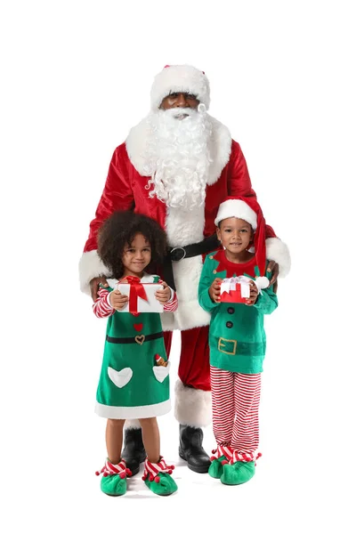 Little African American Children Dressed Elves Santa Claus Gifts White — Stock Photo, Image
