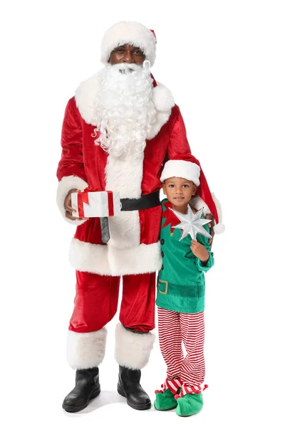 Menino Afro Americano Vestido Elfo Com Papai Noel Presente Fundo — Fotografia de Stock