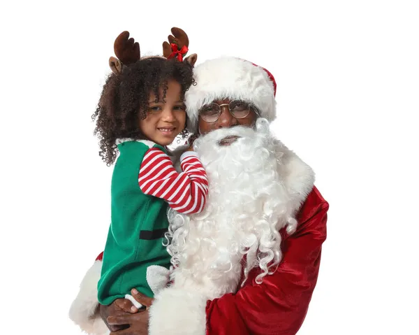 Menina Afro Americana Com Papai Noel Fundo Branco — Fotografia de Stock