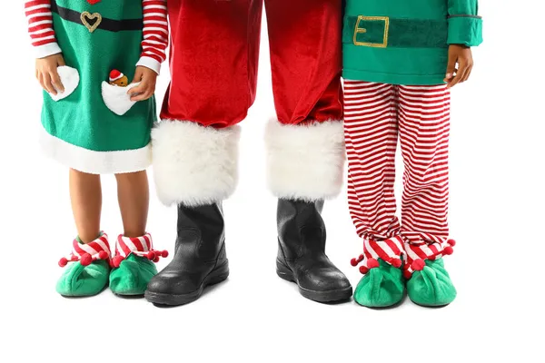 Piernas Pequeños Elfos Lindos Con Santa Claus Sobre Fondo Blanco —  Fotos de Stock