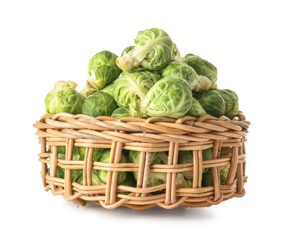Wicker Basket Fresh Brussels Cabbage White Background — Stock Photo, Image
