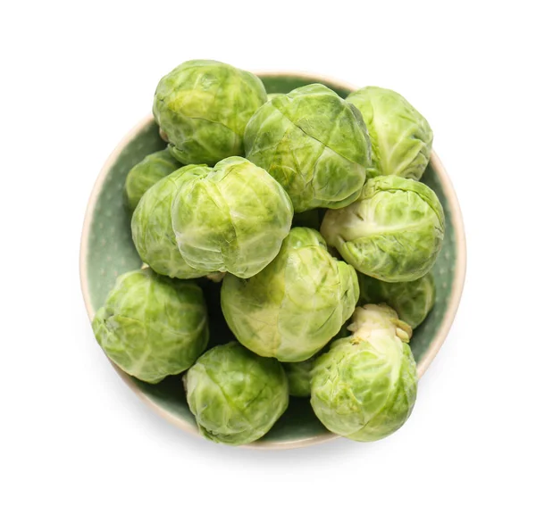 Bowl Fresh Raw Brussels Cabbage White Background — Stock Photo, Image