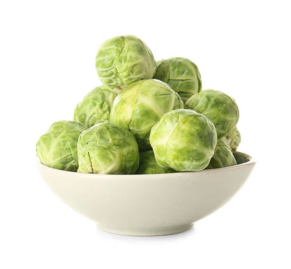 Bowl Raw Brussels Sprouts White Background — Stock Photo, Image