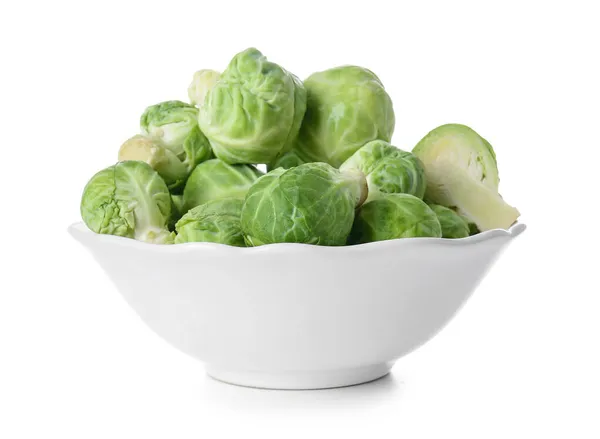 Bowl Fresh Ripe Brussels Cabbage White Background — Stock Photo, Image