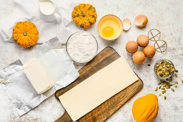 Raw Dough Ingredients Preparing Pumpkin Strudel Light Background — Stock Photo, Image