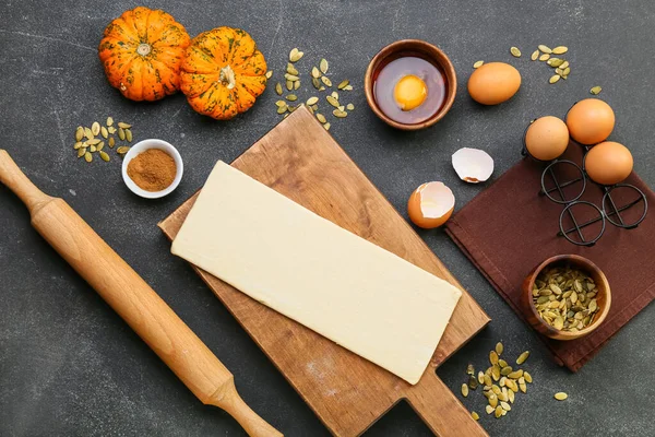 Raw Dough Ingredients Preparing Pumpkin Strudel Dark Background — Stock Photo, Image