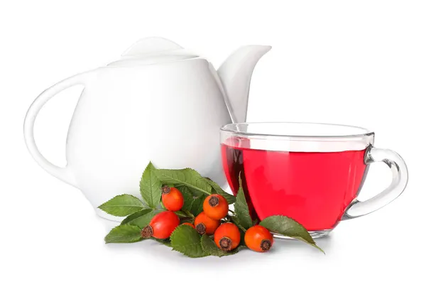 Glass Cup Tea Pot Tasty Rose Hip Beverage Berries White Stock Image