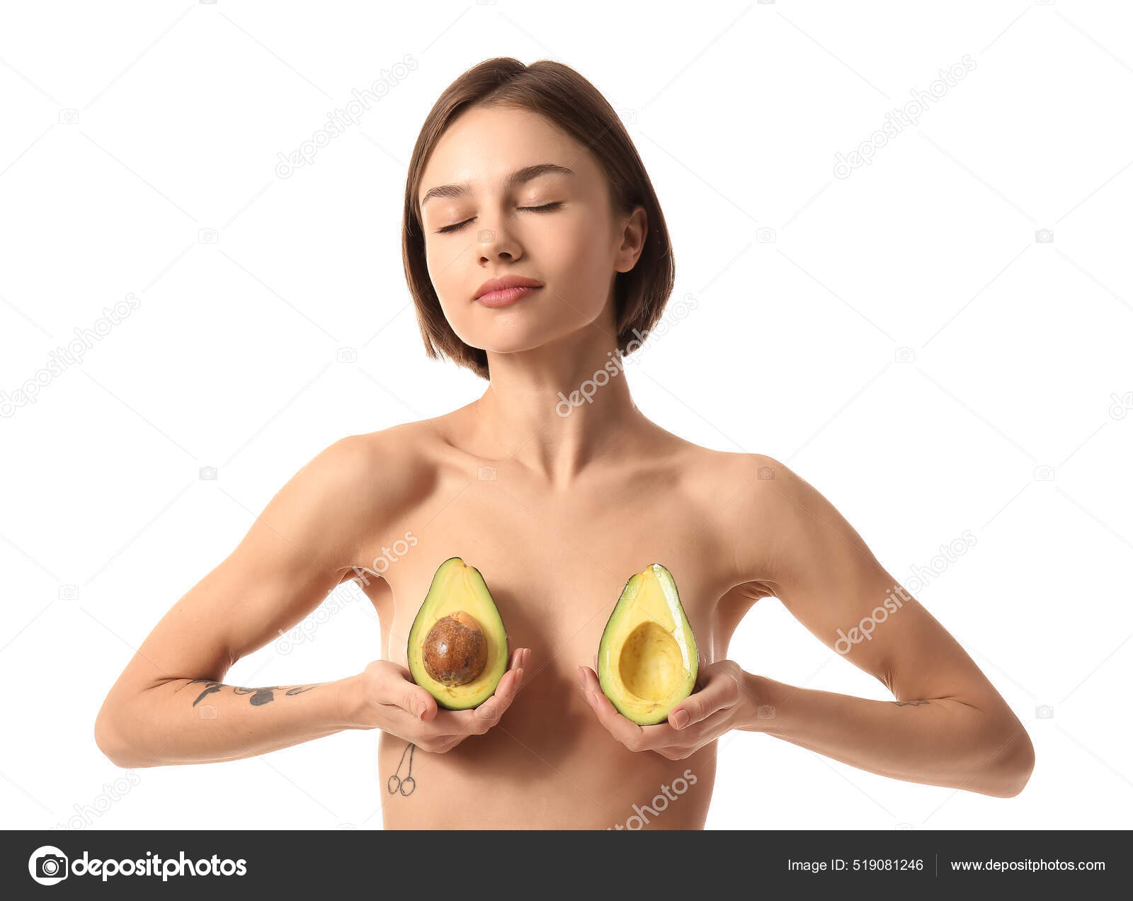Naked Young Woman Avocado White Background Vegan Day — Stock Photo ©  serezniy 519081246