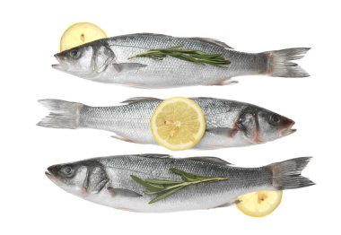 Beyaz arka planda limonlu taze pişmemiş levrek balığı.