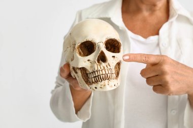 Beyaz arka planda insan kafatasını tutan kadın.