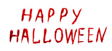 Beyaz arkaplanda kanla yazılmış Mutlu Cadılar Bayramı metni