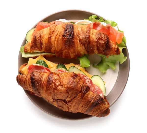 Plate Delicious Croissant Sandwiches White Background — Stock Photo, Image