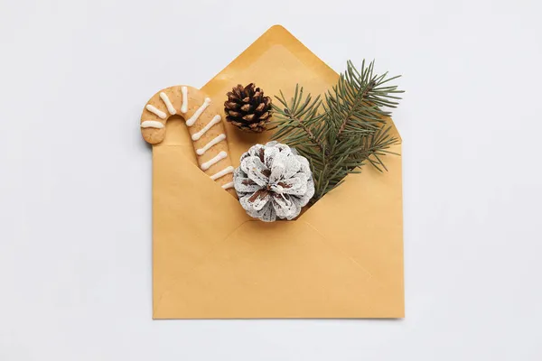 Envelope Fir Tree Branch Pine Cones Cookie White Background — Stock Photo, Image