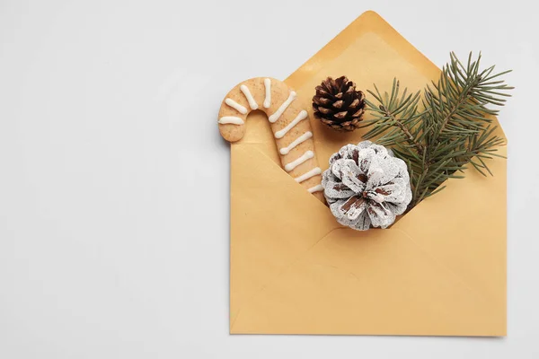 Envelope Fir Tree Branch Cookie Pine Cones White Background — Stock Photo, Image