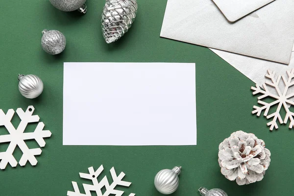 Beautiful Christmas Composition Blank Card Envelope Green Background Closeup — Stock Photo, Image