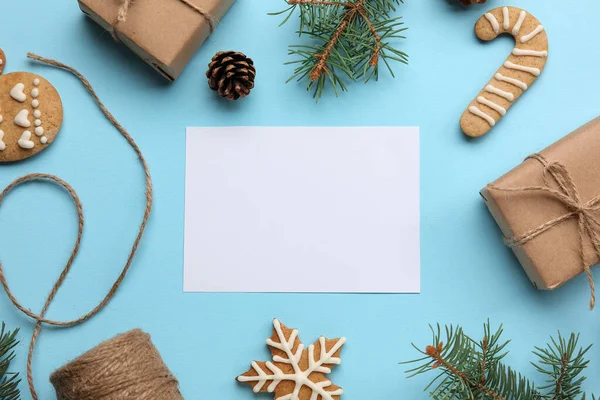 Frame Made Christmas Decor Blank Card Color Background Closeup — Stock Photo, Image