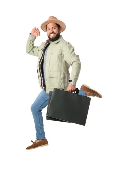 Schöner Mann Mit Black Friday Einkaufstüten Auf Weißem Hintergrund — Stockfoto