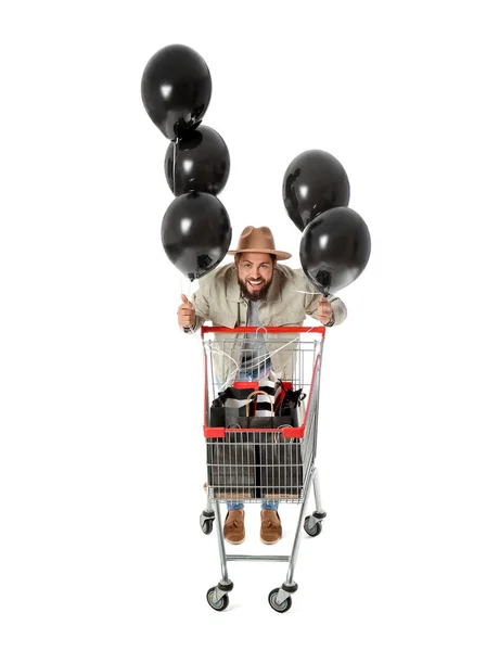 Bello Uomo Con Venerdì Nero Shopping Bags Nel Carrello Palloncini — Foto Stock