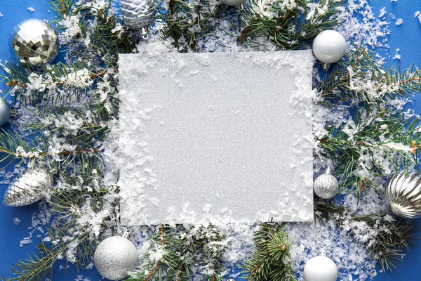 Composition Blank Card Fir Branches Christmas Decorations Snow Blue Background — Stock Photo, Image