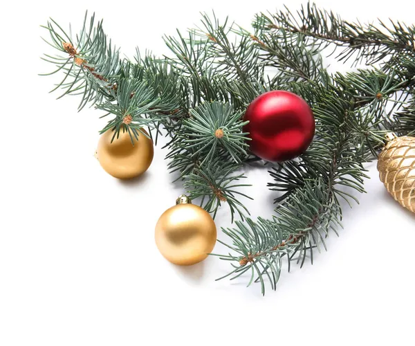 Fir Branch Christmas Balls White Background Closeup — Stock Photo, Image