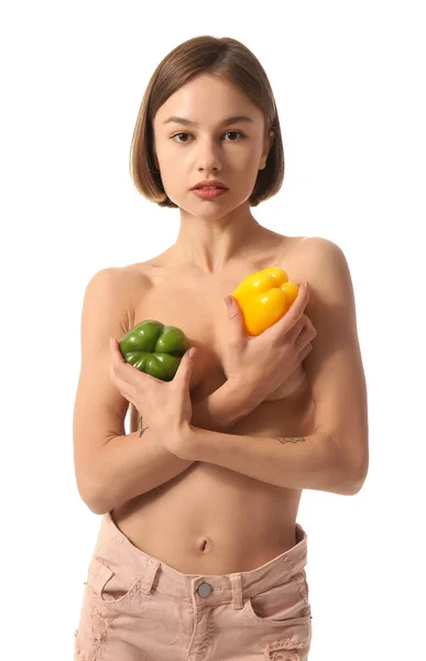 Nackte Junge Frau Mit Paprika Auf Weißem Hintergrund Veganer Tag — Stockfoto
