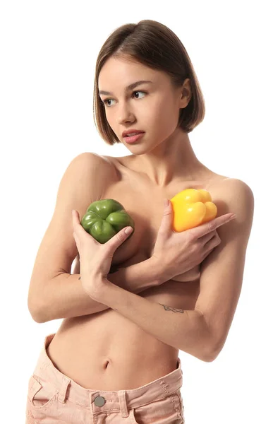 Naked Young Woman Bell Pepper White Background Vegan Day — Stock Photo, Image