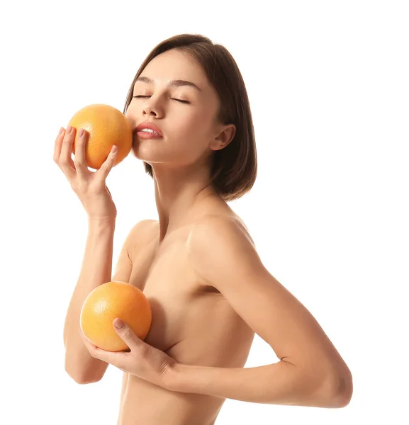 Naked Young Woman Grapefruits White Background Vegan Day — Stock Photo, Image
