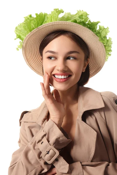 Jovem Com Salada Fundo Branco Dia Vegan — Fotografia de Stock