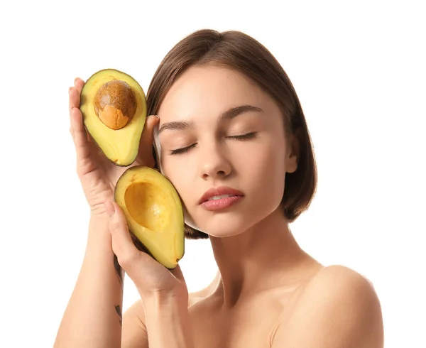 Nackte Junge Frau Mit Avocado Auf Weißem Hintergrund Veganer Tag — Stockfoto