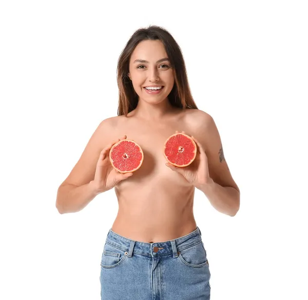 Giovane Donna Nuda Con Pompelmo Tagliato Sfondo Bianco Giorno Vegano — Foto Stock