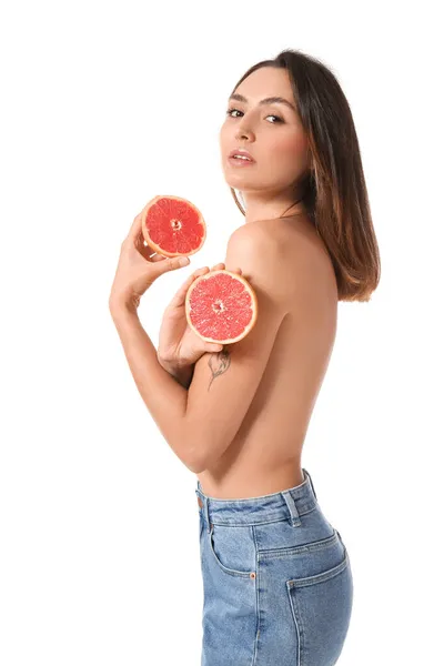 Jovem Nua Com Toranja Cortada Fundo Branco Dia Vegan — Fotografia de Stock