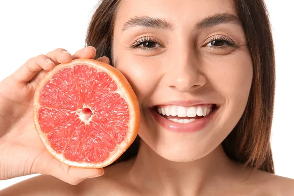 Young Woman Cut Grapefruit White Background Closeup Vegan Day — Stock Photo, Image