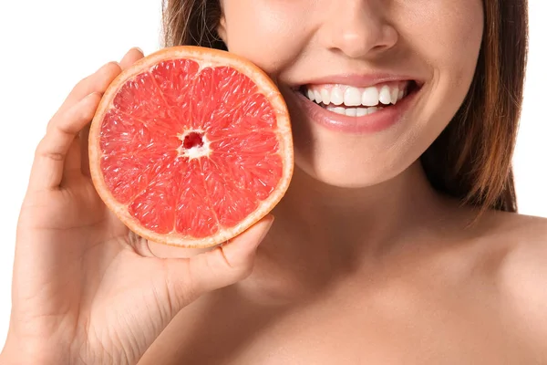 Mulher Nova Com Toranja Redução Fundo Branco Close Dia Vegan — Fotografia de Stock