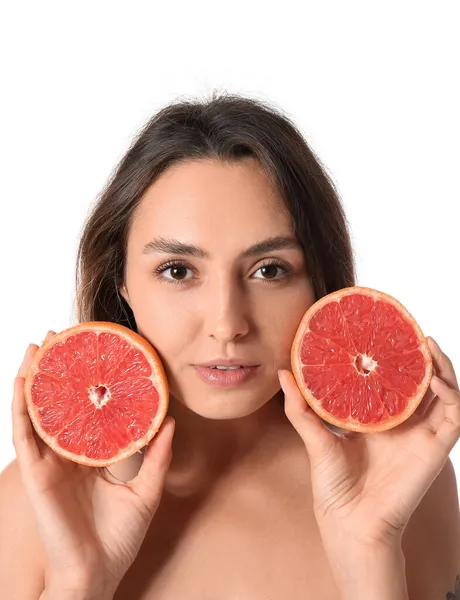 Naked Young Woman Cut Grapefruit White Background Vegan Day — Stock Photo, Image