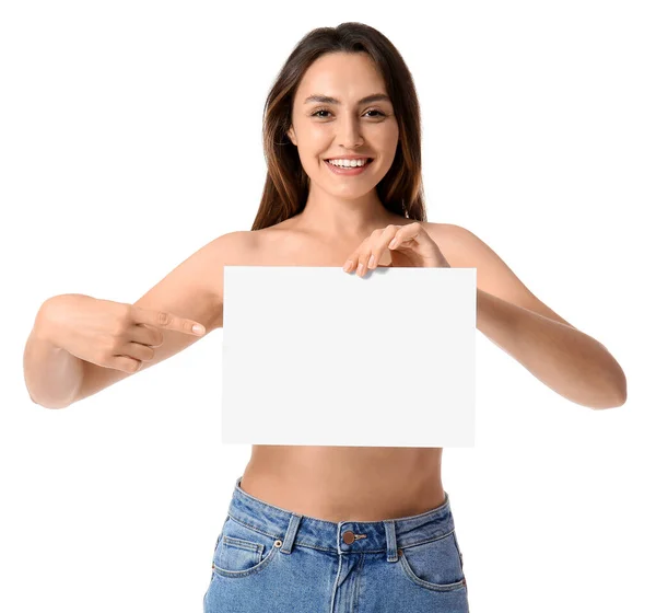 Γυμνή Νεαρή Γυναίκα Άδειο Φύλλο Χαρτιού Λευκό Φόντο — Φωτογραφία Αρχείου